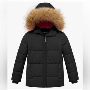 Girls' Black Winter Coat with Faux Fur Hood and Soft Pink Lining.